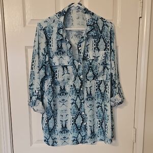 Astylish Snake Print Button Down Tab Long Sleeve Collared Pockets Blouse XL EUC